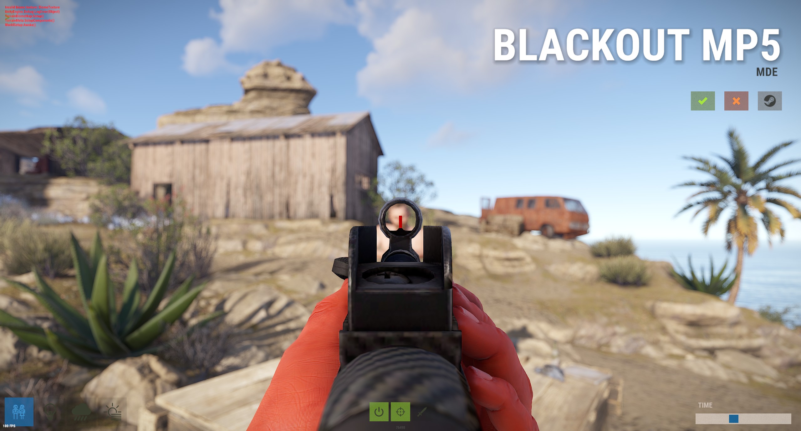 MDE's historical Blackout MP5 aimed Workshop preview, showing a red front post inside a circular hood and an open rear notch.